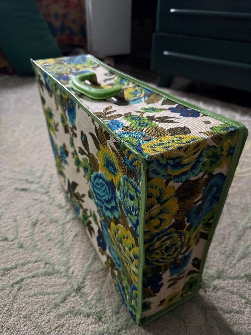 Vintage 1960s floral fabric canvas suitcase